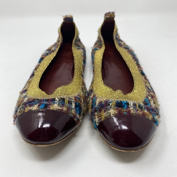 CHANEL Women's Purple and multicolor tweed stretch cap-toe flats Sz 39.5 Preppy - Picture 2 of 12